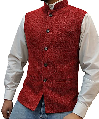 Herren Fischgrat Wollwesten Anzug Business Tweed Hoher Kragen Westen Schlanke Passform(XXL, rot) von HSLS