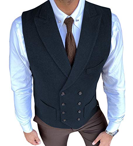 Herren Freizeitanzug Weste Regular Fit Zweireiher Wolle Formale Weste Tweed(3XL,Marine) von HSLS