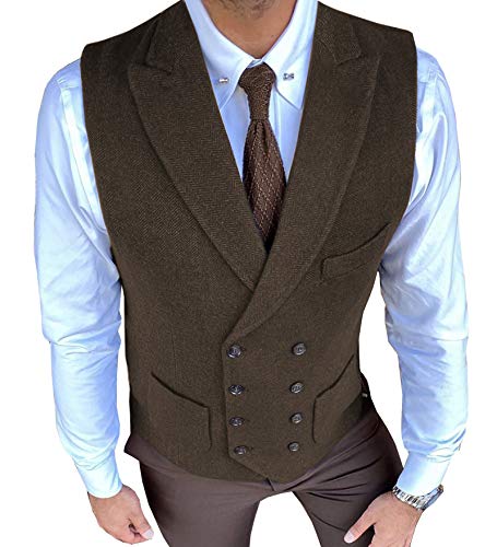 Herren Freizeitanzug Weste Regular Fit Zweireiher Wolle Formale Weste Tweed(M, Kaffee) von HSLS