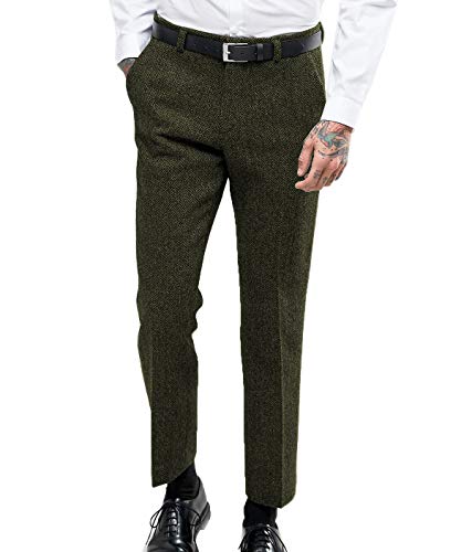 Herren Jahrgang Fischgrät Anzughose Dicke Wolle Flat Front Tweed Hose Armeegrün 30 von HSLS