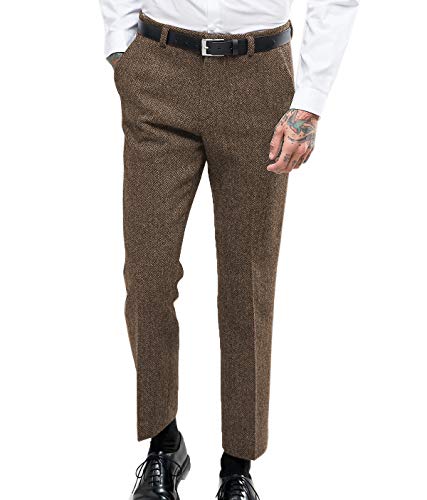 Herren Jahrgang Fischgrät Anzughose Dicke Wolle Flat Front Tweed Hose Braun 34 von HSLS