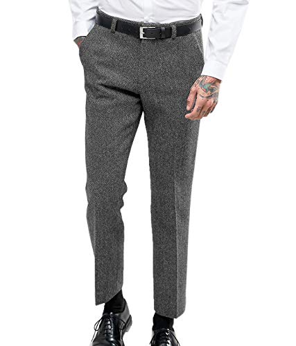 Herren Jahrgang Fischgrät Anzughose Dicke Wolle Flat Front Tweed Hose Grau 36 von HSLS