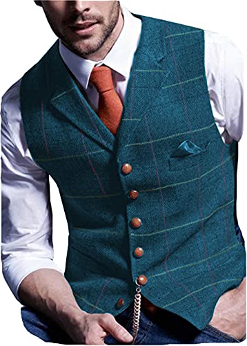 Herren Retro Fischgrät Anzug Weste Kariertes Woll-Tweed-Kleid Weste Regular Fit(3XL, Blau) von HSLS