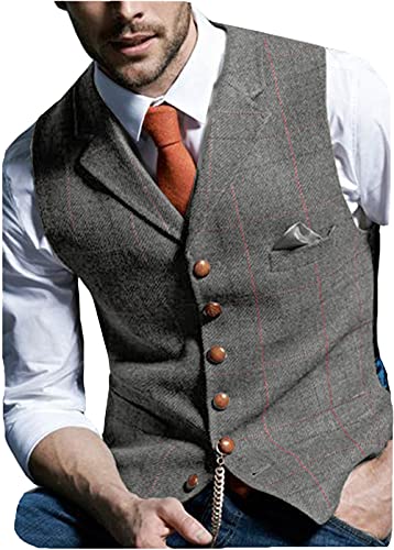 HSLS Herren Retro Frack Weste Plaid Wollweste Lässiger Tweed Fischgrätenmuster für Smoking(XXL, Grau) von HSLS