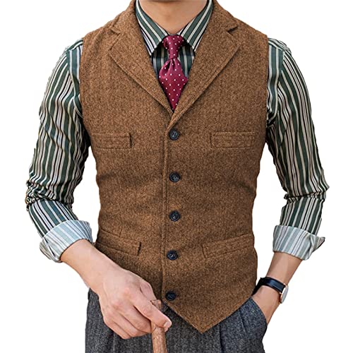 Herren Tweed Anzug Weste Fischgrat Fallendes Revers Retro Wolle Lässig Slim Fit(3XL, Braun) von HSLS