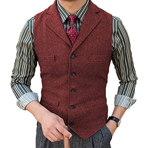 Herren Tweed Anzug Weste Fischgrat Fallendes Revers Retro Wolle Lässig Slim Fit(3XL, Burgund) von HSLS