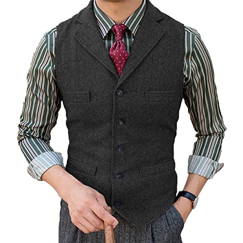 Herren Tweed Anzug Weste Fischgrat Fallendes Revers Retro Wolle Lässig Slim Fit(3XL, schwarz) von HSLS