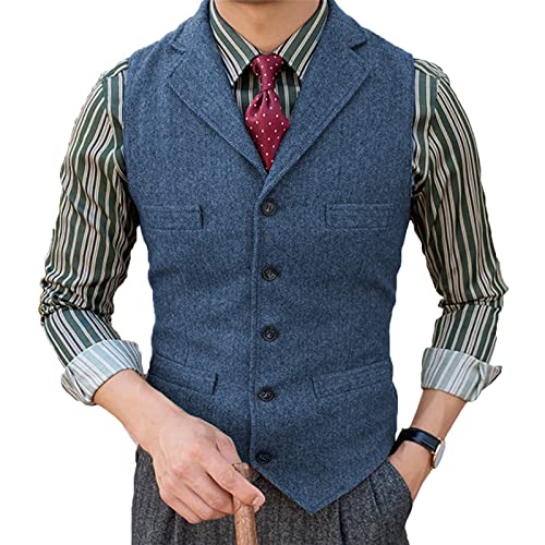 Herren Tweed Anzug Weste Fischgrat Fallendes Revers Retro Wolle Lässig Slim Fit(L, Blau) von HSLS