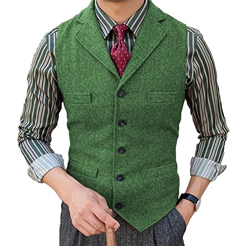 Herren Tweed Anzug Weste Fischgrat Fallendes Revers Retro Wolle Lässig Slim Fit(L, Grün) von HSLS