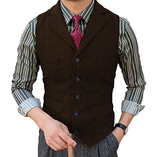 Herren Tweed Anzug Weste Fischgrat Fallendes Revers Retro Wolle Lässig Slim Fit(L, Kaffee) von HSLS