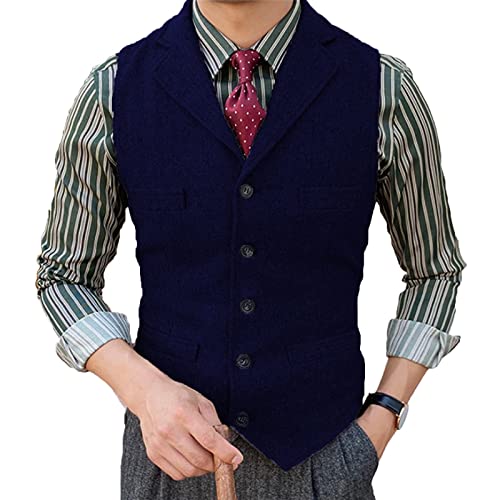 Herren Tweed Anzug Weste Fischgrat Fallendes Revers Retro Wolle Lässig Slim Fit(L, Marine) von HSLS