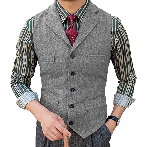 Herren Tweed Anzug Weste Fischgrat Fallendes Revers Retro Wolle Lässig Slim Fit(L, Silber) von HSLS