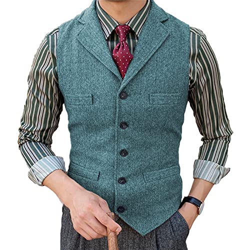 Herren Tweed Anzug Weste Fischgrat Fallendes Revers Retro Wolle Lässig Slim Fit(M, Helle Marine) von HSLS