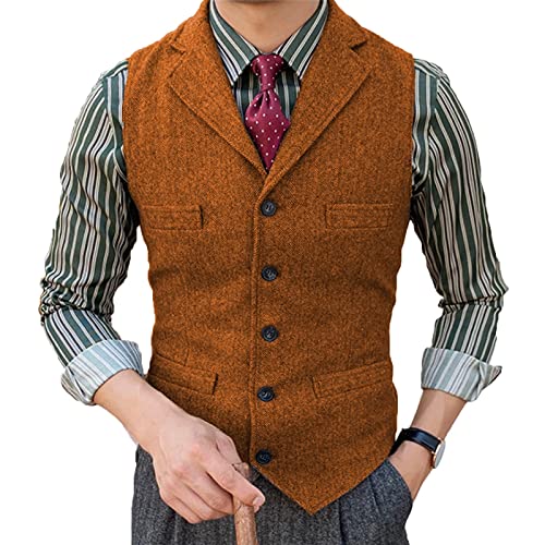 Herren Tweed Anzug Weste Fischgrat Fallendes Revers Retro Wolle Lässig Slim Fit(XL, Orange) von HSLS