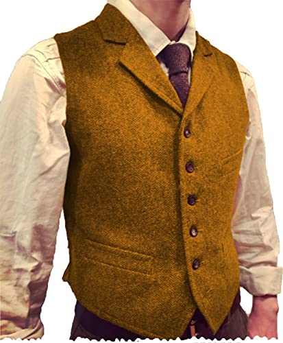 Herren Weste des Wollanzugs Tweed Abendkleid Weste Fischgrätmuster für Hochzeit(M, Orange) von HSLS