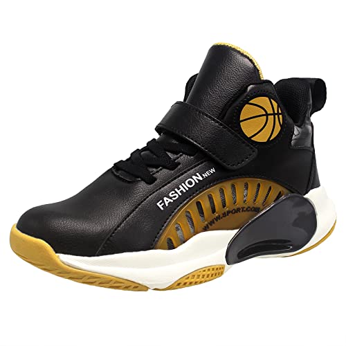 HSNA Basketball-Schuhe für Kinder Sportschuhe mit Klettverschluss Jungen(Schwarz Gold 33 EU) von HSNA