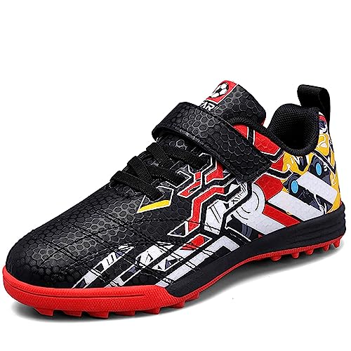 HSNA Fußballschuhe Kinder TF Fussball Schuhe Jungen rutschfeste Sportschuhe mit Klettverschluss(Schwarz und Rot 37 EU) von HSNA