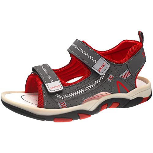 HSNA Kinder Sandalen Peeptoe Bequem Strandschuhe Jungen Sport Outdoor Sommerschuhe, Grau/Rot 25 von HSNA