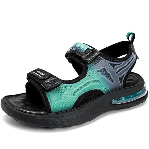 HSNA Kinder Sandalen mit Luftkissen Jungen Strandschuhe Weiche Sohle Peeptoe Sommerschuhe, Schwarz und Grün 32 EU von HSNA