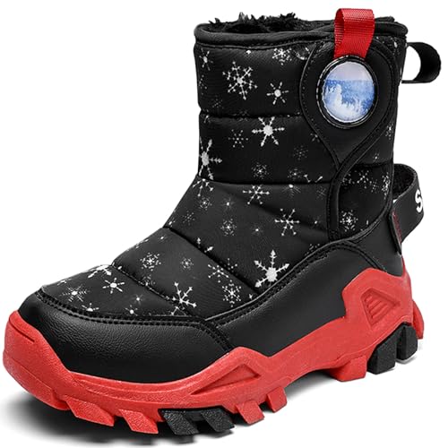 HSNA Winterstiefel für Kinder Jungen Mädchen Schneestiefel Warmfutter Rutschfeste Größe 29-39(Schwarz und Rot 30 EU) von HSNA