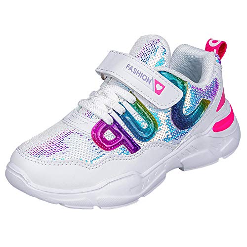 HSNA Mädchen Turnschuhe Glitzer Sneaker Pailletten Kinderschuhe mit Klettverschluss(a01 Weiß 31 EU) von HSNA