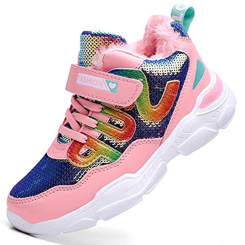 HSNA Mädchen Turnschuhe Glitzer Sneaker Pailletten Kinderschuhe mit Warm Gefüttert Winterschuhe(a01-1 Pink 32 EU) von HSNA