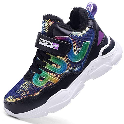 HSNA Mädchen Turnschuhe Glitzer Sneaker Pailletten Kinderschuhe mit Warm Gefüttert Winterschuhe(a01-1 Schwarz 33 EU) von HSNA