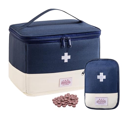 HSOOVZN Medikamenten-Organizer, Aufbewahrungstasche, großes Fassungsvermögen, tragbarer Pillenflaschen-Organizer mit Hand, leeres Erste-Hilfe-Set für Zuhause und Reisen (blau, groß) von HSOOVZN