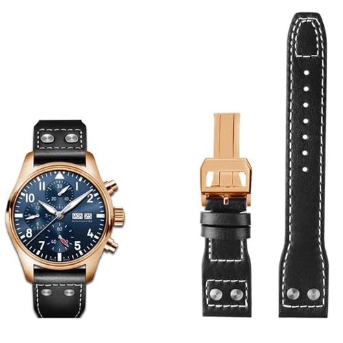 HSPTR 20 21 22mm Echtleder Nieten Armband Passend für IWC Big Pilot Spitfire Braun Schwarz Blau Rindsleder Uhrenarmband(Black rose buckle,21mm) von HSPTR