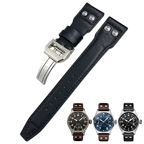 HSPTR 22 mm echtes Lederarmband für IWC Big Pilot Watch Mark 18 Spitfire Hamilton Rindsleder weiches Uhrenarmband(Black Black Rivet 1,Without Buckle) von HSPTR