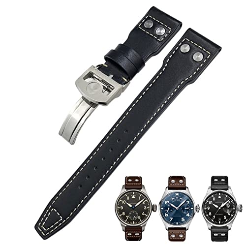 HSPTR 22 mm echtes Lederarmband für IWC Big Pilot Watch Mark 18 Spitfire Hamilton Rindsleder weiches Uhrenarmband(Black White Rivet 2,Rose Buckle) von HSPTR