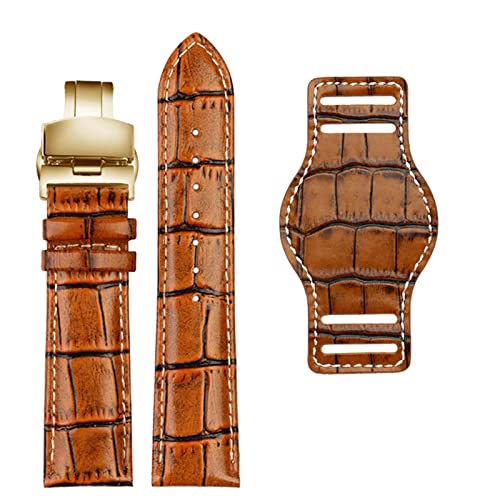 HSPTR Echtes Leder Uhrengurt 20mm 22 mm Herren Uhrband mit Mattenhandwerken Band handgefertigtes Lederarmband(Brown gold Folding,20mm) von HSPTR