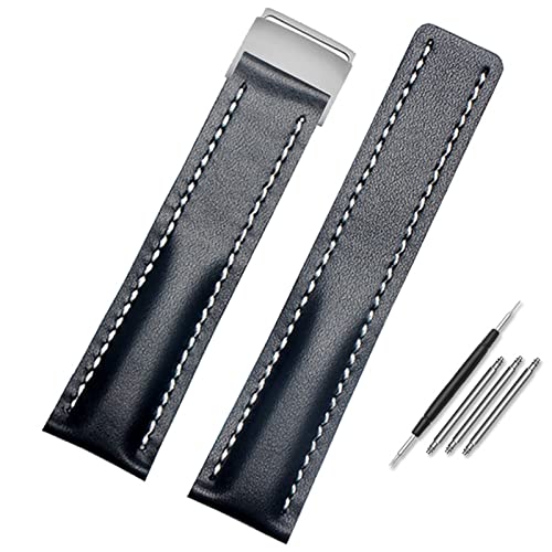 HSPTR Für Uhrenarmband 22mm 24mm Echtlederarmband Herrenuhr Rindslederarmband mit Faltschließe(Plain blue silver,22mm) von HSPTR