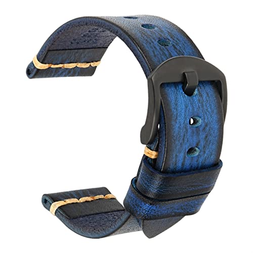 HSPTR Maikes Echtes Leder Armband Für Galaxy Uhr Band 20mm 22mm 24mm Uhr Band Tissote Timex Omega Handgelenk armbänder(Deep Blue-Black,24mm) von HSPTR