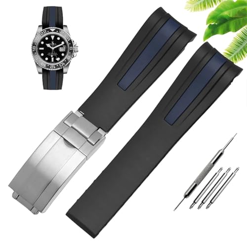 HSPTR Wasserdichtes Gummi-Silikon-Armband, passend für Herren-Uhrenzubehör mit 20 mm und 22 mm Faltschließe(Blue silver buckle,20mm) von HSPTR