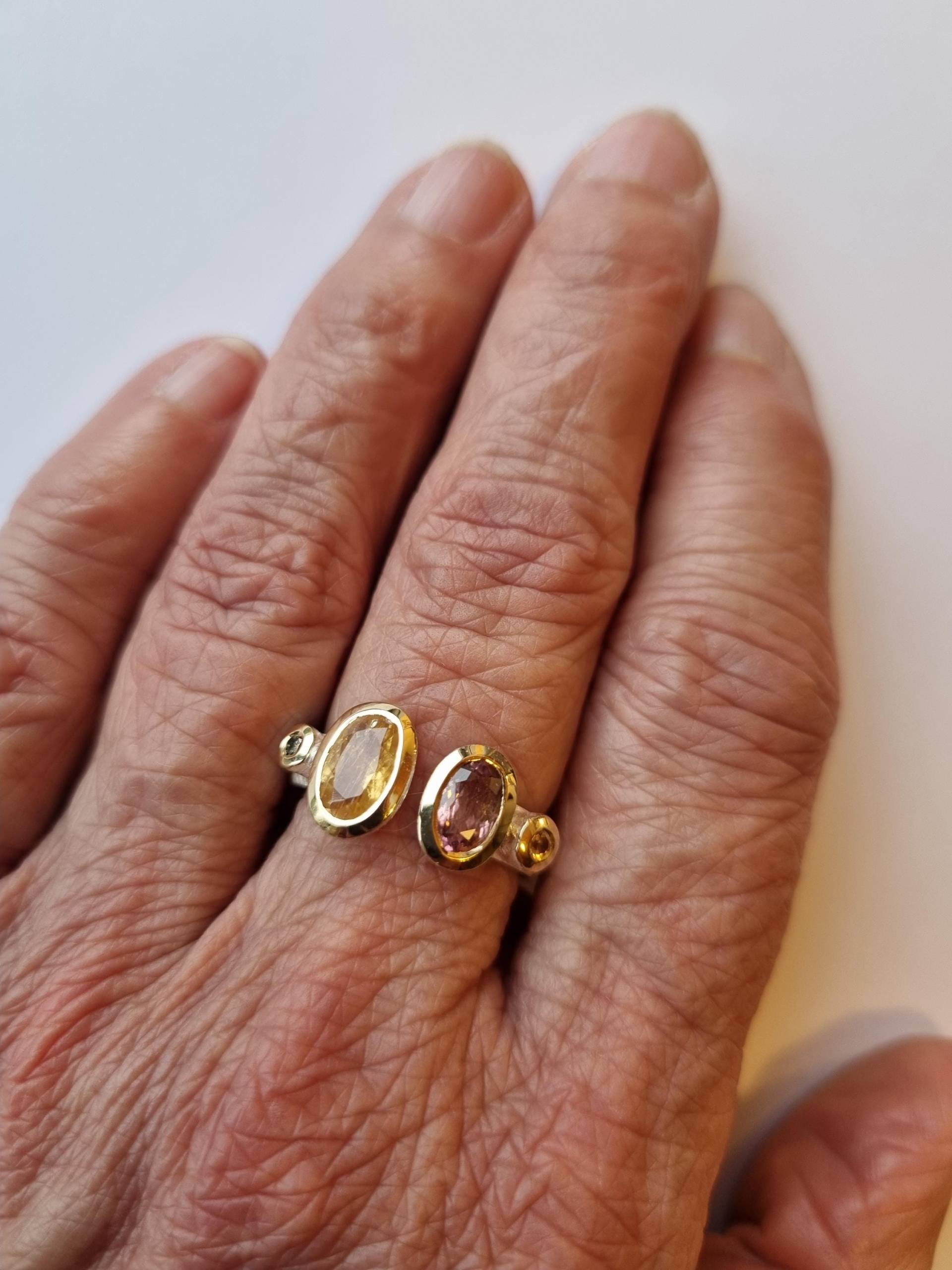 Ring Aus Sterlingsilber Mit Topas, Gelben Safir, Turmalin, Diamant, Teilvergoldet von HSSSchmuckSchmiede