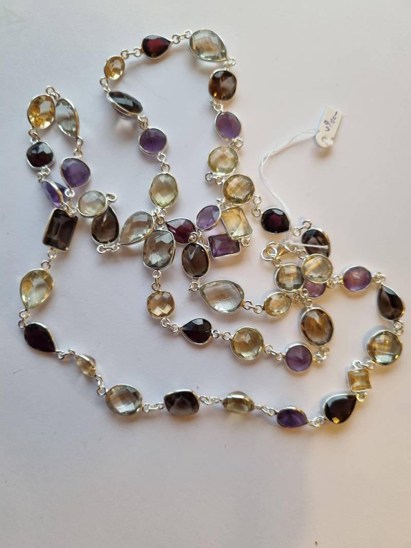 Unikat Lange Kette Aus Amethyst Citrin Rauchquarz Fluorit Prasiolith Facettiert in Silbernen Fassungen von HSSSchmuckSchmiede