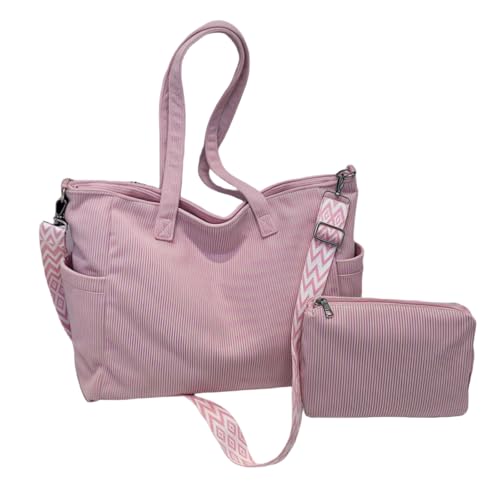 HSTWODE 1 Stück Cord Tasche Damen Shopper Damen Umhängetasche Schultertasche Crossbody Bag mit Verstellbarem Schultergurt Groß Tasche für Pendeln Einkaufen Reisen Arbeit Schule Gym (Rosa) von HSTWODE