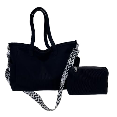 HSTWODE 1 Stück Cord Tasche Damen Shopper Damen Umhängetasche Schultertasche Crossbody Bag mit Verstellbarem Schultergurt Groß Tasche für Pendeln Einkaufen Reisen Arbeit Schule Gym (Schwarz) von HSTWODE