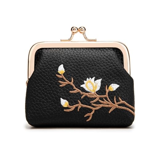 HSTWODE 1 Stück Geldbörse Portemonnaie Blumenmuster Minibörse Vintage Kleingeldbörse Münzbeutel Münzbörsen Clipverschluss Geldsäckchen Coin Purse für Damen,Change Pouch (Schwarz) von HSTWODE