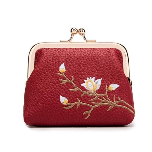 HSTWODE 1 Stück Geldbörse Portemonnaie Blumenmuster Minibörse Vintage Kleingeldbörse Münzbeutel Münzbörsen Clipverschluss Geldsäckchen Coin Purse für Damen,Change Pouch (Weinrot) von HSTWODE