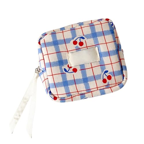 HSTWODE 1 Stück Stylisches Karo-Make-up-Tasche mit Kirschdesign - Diskretes Periodentäschchen für Damen, Reise-Minietui für Tampons, Binden & Bluetooth-Kopfhörer - Waschbar & Praktisch (Blau) von HSTWODE