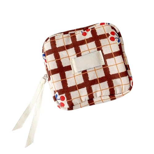 HSTWODE 1 Stück Stylisches Karo-Make-up-Tasche mit Kirschdesign - Diskretes Periodentäschchen für Damen, Reise-Minietui für Tampons, Binden & Bluetooth-Kopfhörer - Waschbar & Praktisch (Braun) von HSTWODE