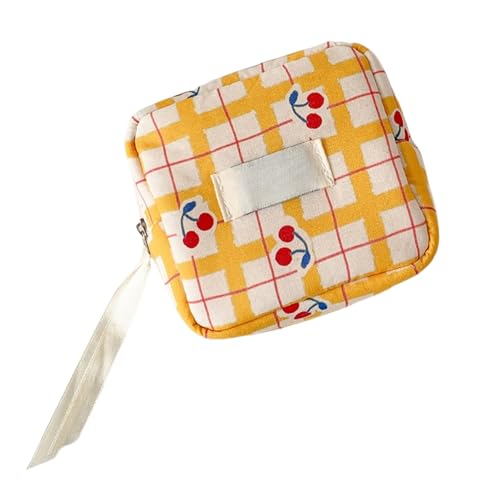 HSTWODE 1 Stück Stylisches Karo-Make-up-Tasche mit Kirschdesign - Diskretes Periodentäschchen für Damen, Reise-Minietui für Tampons, Binden & Bluetooth-Kopfhörer - Waschbar & Praktisch (Gelb) von HSTWODE