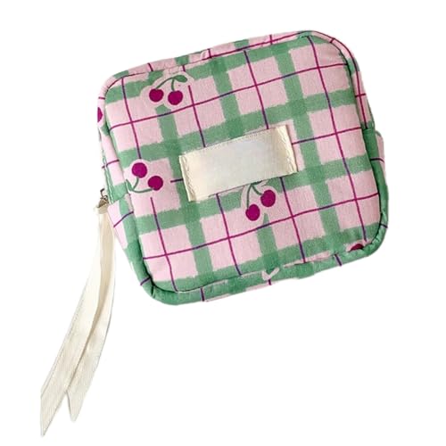 HSTWODE 1 Stück Stylisches Karo-Make-up-Tasche mit Kirschdesign - Diskretes Periodentäschchen für Damen, Reise-Minietui für Tampons, Binden & Bluetooth-Kopfhörer - Waschbar & Praktisch (Grün) von HSTWODE