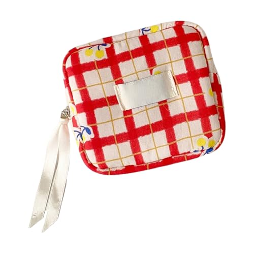HSTWODE 1 Stück Stylisches Karo-Make-up-Tasche mit Kirschdesign - Diskretes Periodentäschchen für Damen, Reise-Minietui für Tampons, Binden & Bluetooth-Kopfhörer - Waschbar & Praktisch (Rot) von HSTWODE