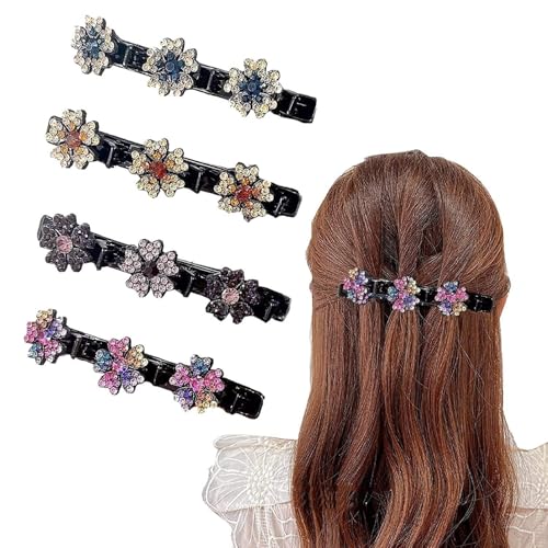 HSTWODE 4 Stück Haarspange mit Kristallblume Kolibri Haarspange mit 3 Clips Geflochtene Haarspange für Damen Frauen Entenschnabel Strass Haarspange Doppelschicht Haarklammer (C-Stil) von HSTWODE