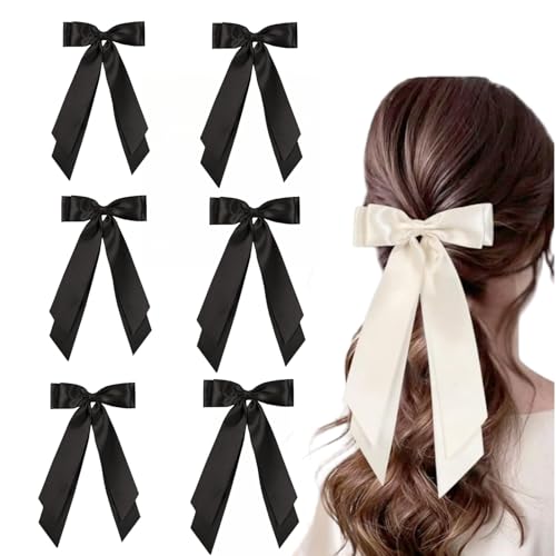 HSTWODE 6 Stück Haarspangen mit großer Schleife und langem Seidensatin, französische Haarspangen, einfache Accessoires für Frauen (Stil A) von HSTWODE