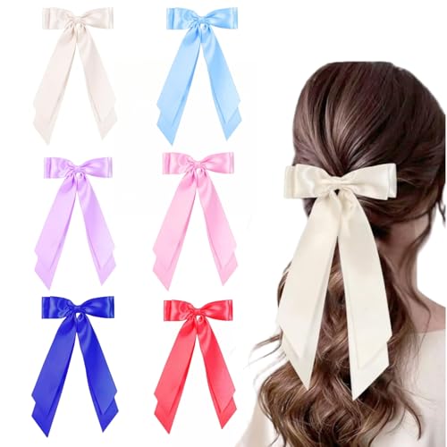 HSTWODE 6 Stück Haarspangen mit großer Schleife und langem Seidensatin, französische Haarspangen, einfache Accessoires für Frauen (Stil B) von HSTWODE