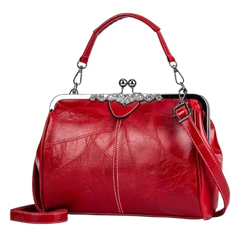 HSTWODE Frauen Retro Handtasche,Handtaschen Damen Schultertasche,PU Leder Wasserdicht Snaps Haspe Schultertasche,Umhängetasche Handy Bag für Alltag, Beruf und Reise (Burgunderrot) von HSTWODE